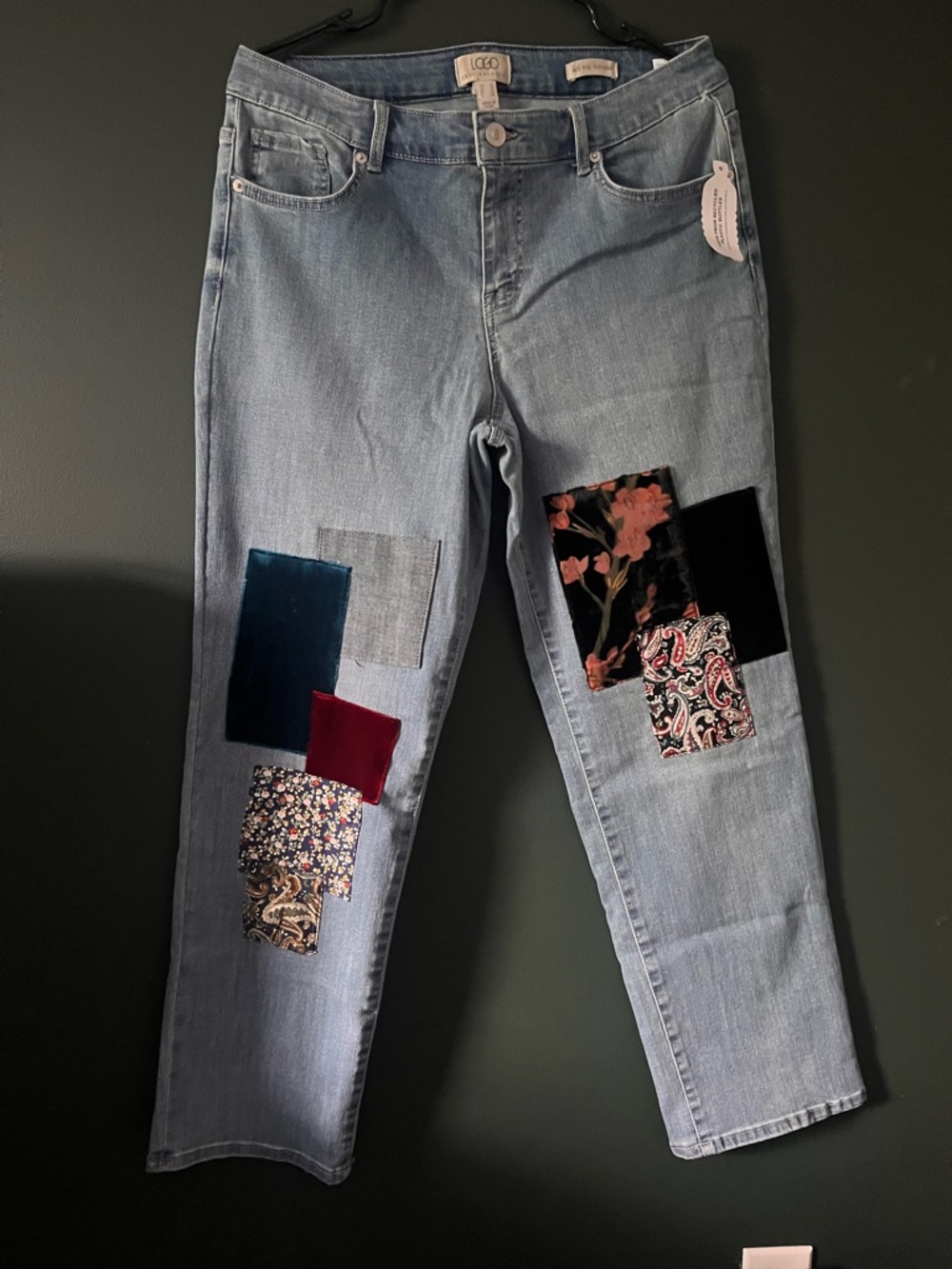 LOGO by Lori Goldstein Light Blue Straight-Leg Jeans with Multicolor Patchwork